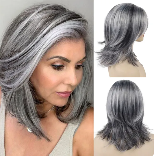 Layered Grey & Black wig with Curtain Bangs