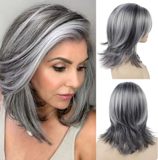 Layered Grey & Black wig with Curtain Bangs | Chemo - Hats