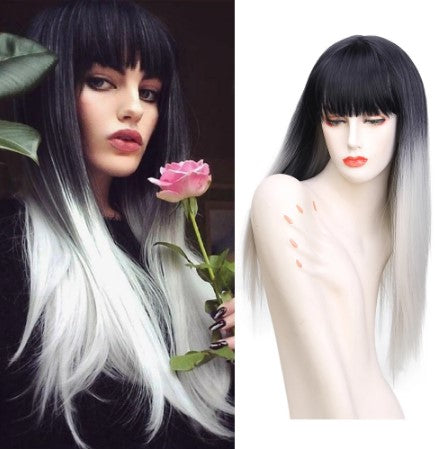 Synthetic Long Wig Black & Grey with Bangs - High Temperature Fibre