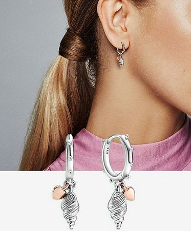 Authentic 925 Sterling Silver Heart & Conch Shell Hoop Earrings