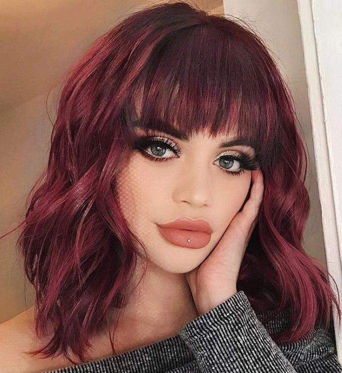 MADISON SHOULDER LENGTH RED WAVY HAIR WIG WITH BANGS 14 INCHES